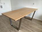 Moderne eettafel 100x200 cm massief houten blad en RVS frame, Gebruikt, 100 tot 150 cm, 200 cm of meer, Vijf personen of meer