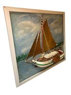 decoratief halfmodel platbodem/tjalk/skutsje op olieverf, Verzamelen, Scheepvaart, Ophalen of Verzenden, Gebruikt