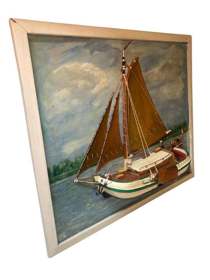 decoratief halfmodel platbodem/tjalk/skutsje op olieverf, Verzamelen, Scheepvaart, Gebruikt, Ophalen of Verzenden