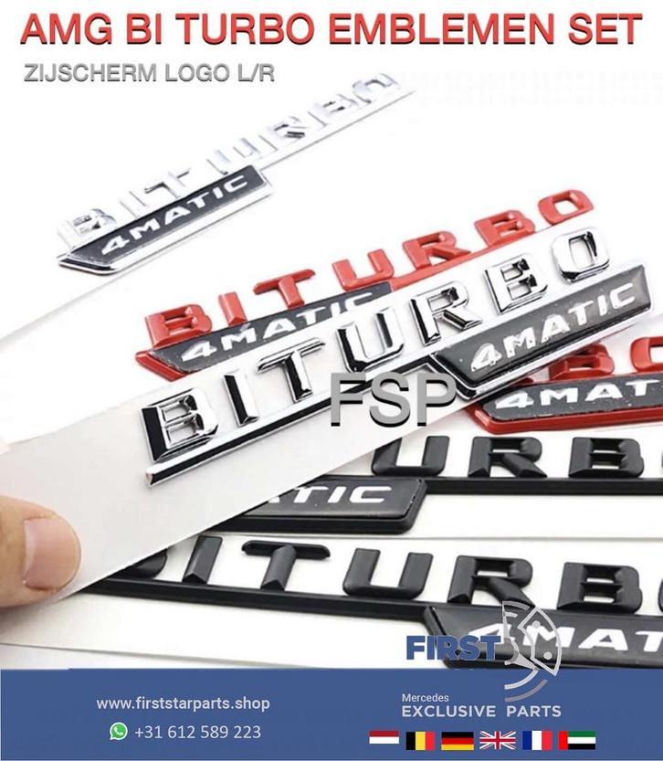 AMG BITURBO EMBLEEM SET VOORSCHERM LOGO Mercedes A B C CLA C, Auto-onderdelen, Carrosserie en Plaatwerk, Mercedes-Benz, Voor, Gebruikt