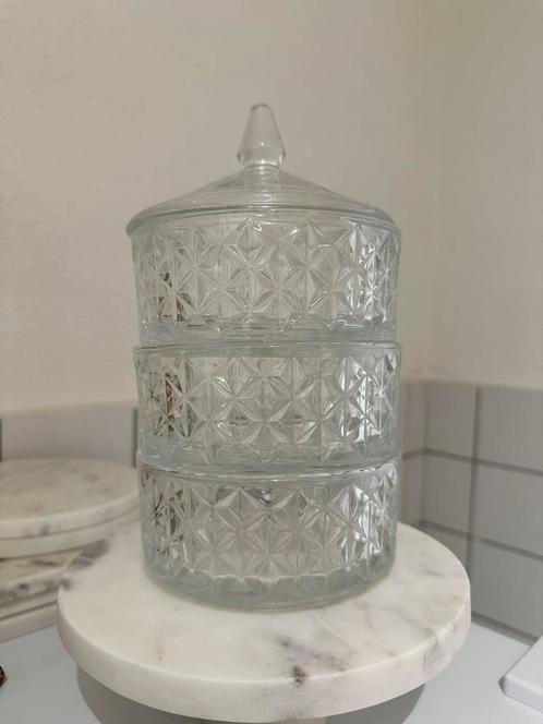 Glazen 3-laags voorraadpot met deksel – retro/vintage look, Huis en Inrichting, Woonaccessoires | Etagères, Zo goed als nieuw