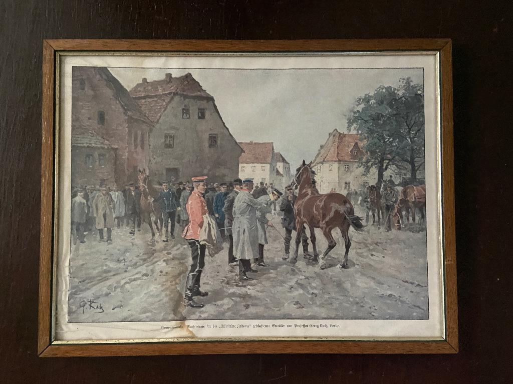 Georg Koch schilderstuk met paarden in Remontemart, Antiek en Kunst, Ophalen of Verzenden