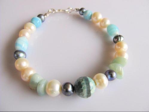 Armband Marieke agaat-amazoniet-parels-glas zilver, Sieraden, Tassen en Uiterlijk, Armbanden, Nieuw, Zilver, Blauw, Met edelsteen
