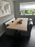 2 fauteuils / stoelen  en 1 eetkamerbank  leer Taupe/ grijs, Huis en Inrichting, Stoelen, Gebruikt, Leer, Ophalen of Verzenden