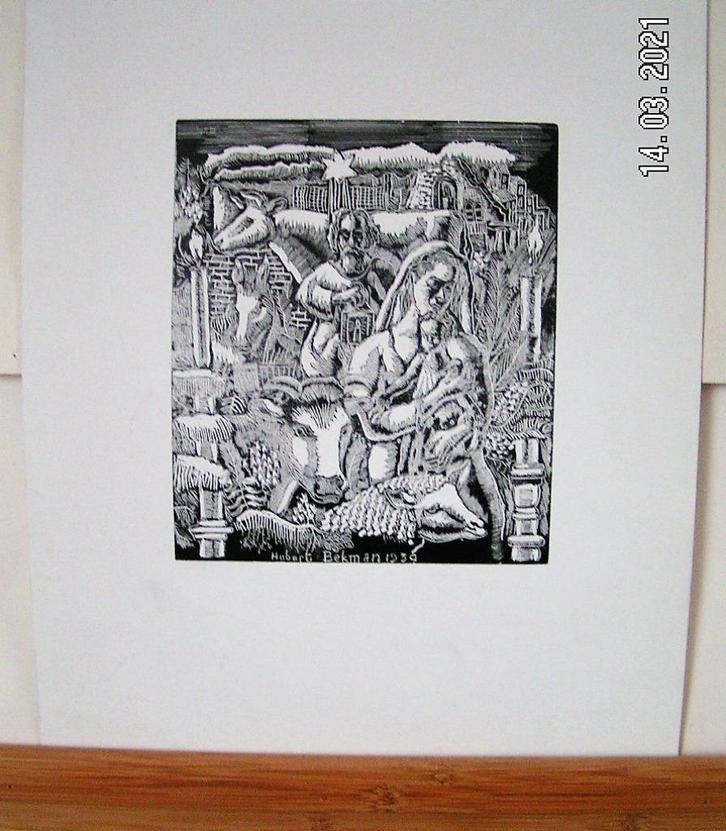 Hubert Bekman Maria & dieren houtgravure ets e.v.t met lijst, Antiek en Kunst, Kunst | Etsen en Gravures, Ophalen of Verzenden