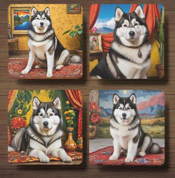 Malamute Frida Kahlo onderzetters met houder beschikbaar voor biedingen