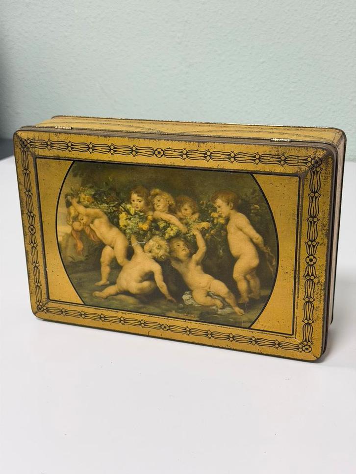 Vintage brocante koekjes blik PAREIN engeltjes goudkleur, Verzamelen, Blikken, Zo goed als nieuw, Koek(jes), Ophalen of Verzenden
