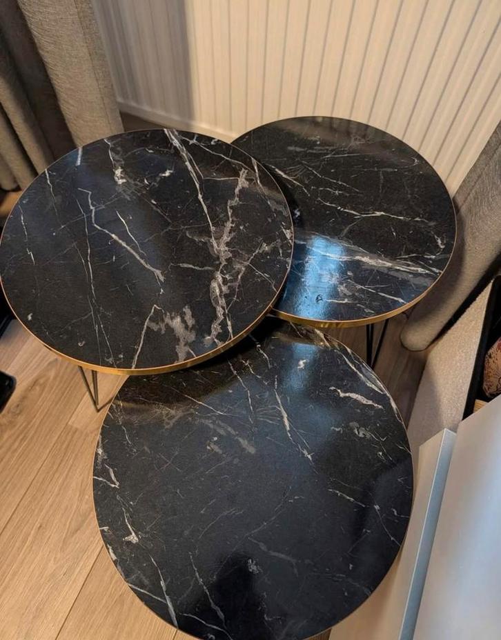 Set van 3 marmeren bijzettafels, Huis en Inrichting, Tafels | Bijzettafels, Zo goed als nieuw, Rond, Minder dan 45 cm, Minder dan 55 cm