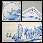 Tegel in blauw-wit,  landschap met boten binnen cirkel, Antiek en Kunst, Antiek | Wandborden en Tegels, Ophalen of Verzenden