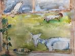 Aquarel van zicht op tuin door raam, Ophalen of Verzenden