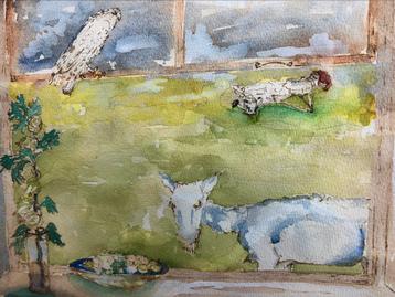 Aquarel van zicht op tuin door raam beschikbaar voor biedingen
