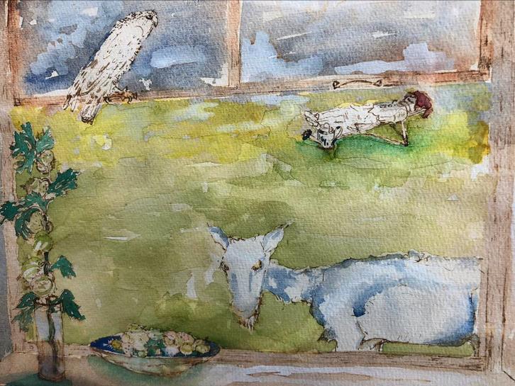 Aquarel van zicht op tuin door raam, Antiek en Kunst, Kunst | Schilderijen | Klassiek, Ophalen of Verzenden