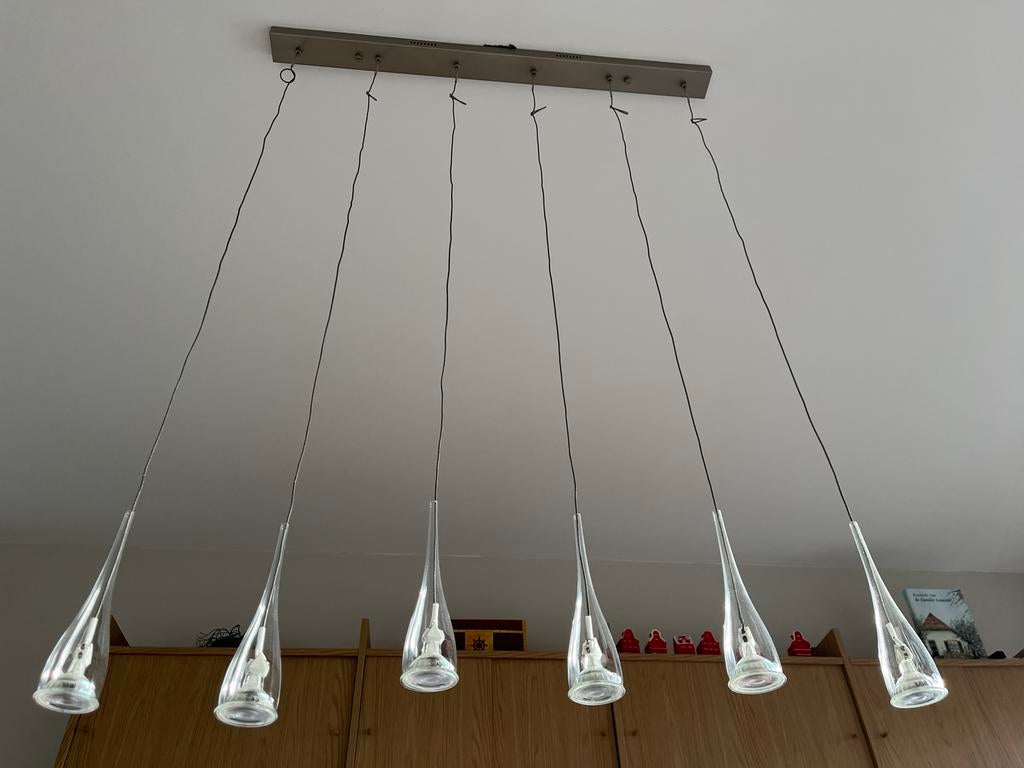 Hanglamp eettafel met 6 glazen kelkjes, Ophalen of Verzenden, Gebruikt, Glas, 75 cm of meer
