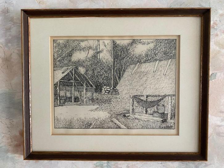 Pentekening    ,    C.v.d.  Hoff, Antiek en Kunst, Kunst | Niet-Westerse kunst, Ophalen of Verzenden