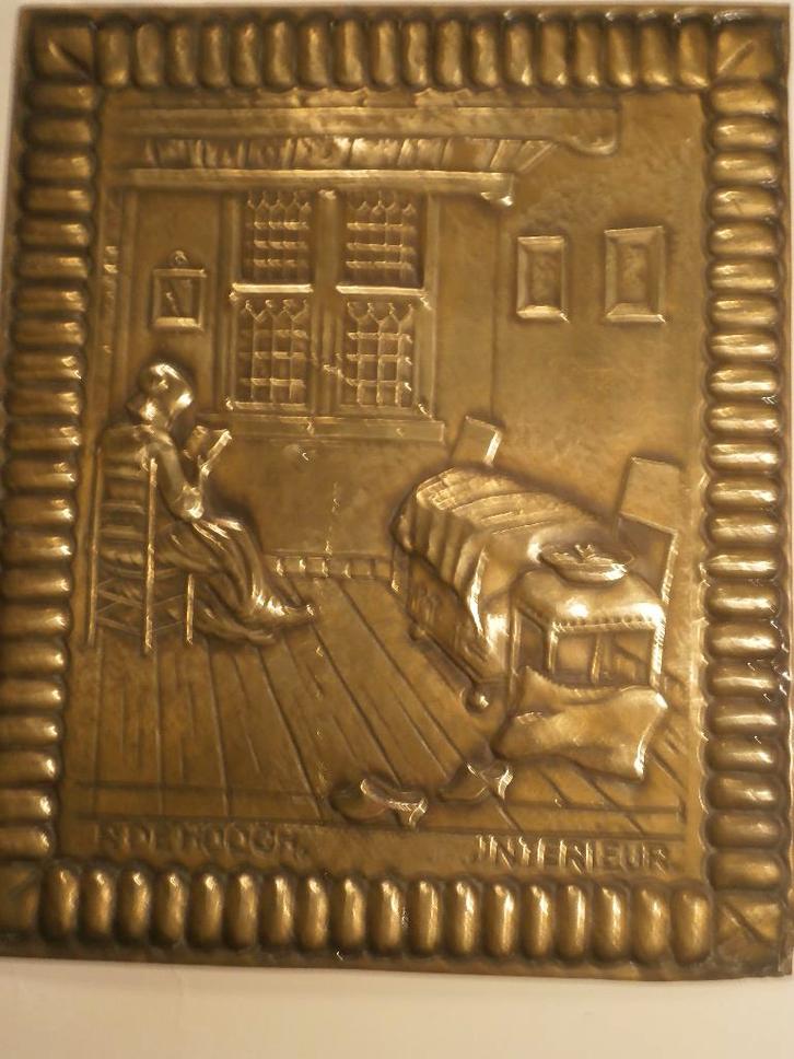 2 Koperen Poetsplaten van Interieur/Gebouw voor Volksvlijt, Antiek en Kunst, Curiosa en Brocante, Ophalen of Verzenden