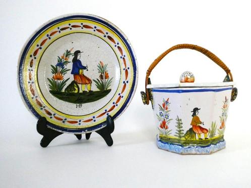 Koekjespot met bord HB Quimper bloemen Bretons dekselpot, Antiek en Kunst, Antiek | Keramiek en Aardewerk, Ophalen of Verzenden