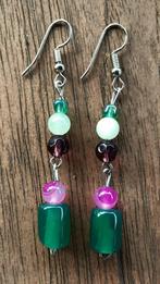 CV01 Oorbellen groene en roze agaat met glas 45x8mm, Sieraden, Tassen en Uiterlijk, Oorbellen, Nieuw, Groen, Overige materialen