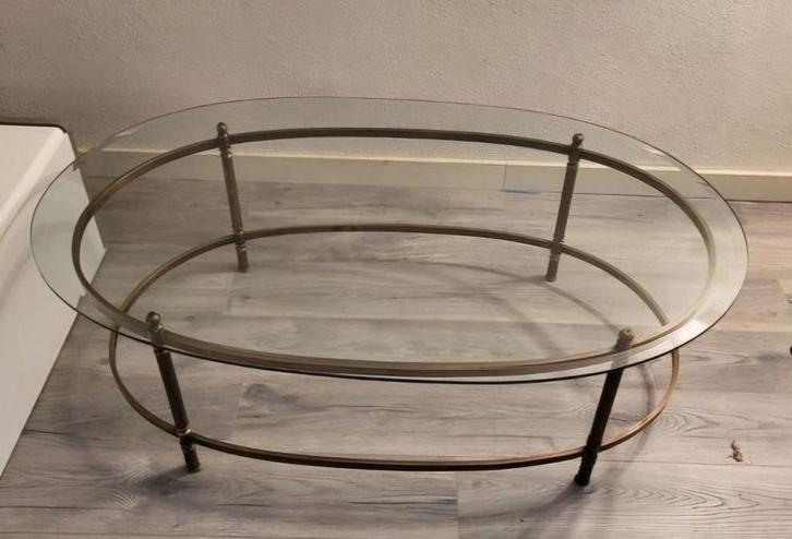 Glazen salon tafel met messing onderstel T.E.A.B.zsm afhalen, Huis en Inrichting, Tafels | Salontafels, Gebruikt, Minder dan 50 cm