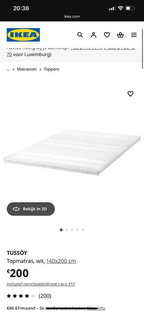 Ikea TUSSÖY Topmatras/topper 160x200, Huis en Inrichting, Slaapkamer | Matrassen en Bedbodems, Nieuw, Matras, 160 cm, 200 cm, Tweepersoons