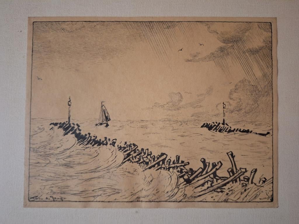 Litho kustgezicht van Toon de Jong, Antiek en Kunst, Kunst | Etsen en Gravures, Ophalen of Verzenden