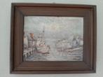 Schilderij dorpsgezicht aan het water met zeilboot, Ophalen of Verzenden