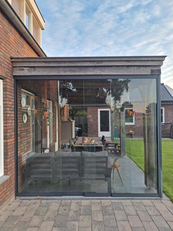 Glazen schuifwand, 4-rail antraciet, 3045x2600mm, Tuin en Terras, Overkappingen, Ophalen