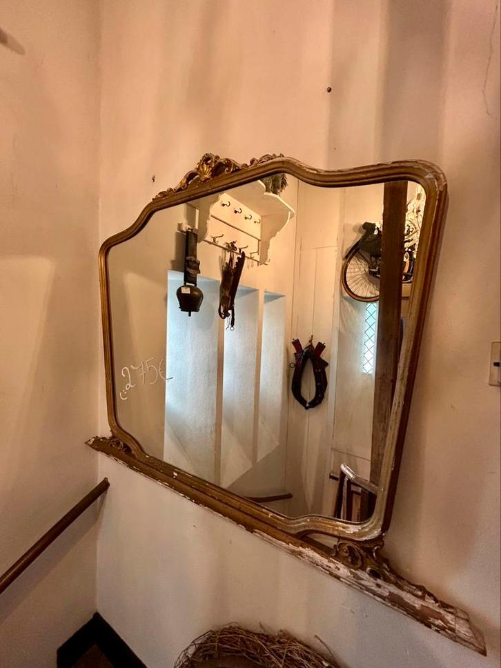 Antieke grote franse schouw spiegel, goud, landelijk wonen, Antiek en Kunst, Antiek | Spiegels, Minder dan 100 cm, Ophalen