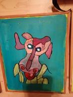 Gekleurde koe schilderij met houten lijstje er om heen, Antiek en Kunst, Ophalen of Verzenden