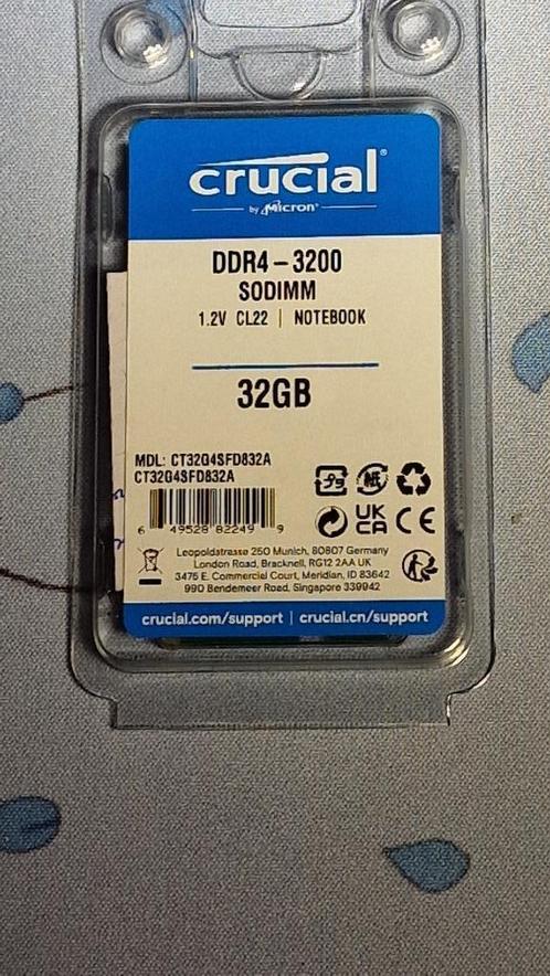 Computer geheugen Crucial 32GB 3200MHZ DDR4 SODIMM (1x32GB), Computers en Software, RAM geheugen, Nieuw, Laptop, 32 GB, DDR4, Ophalen