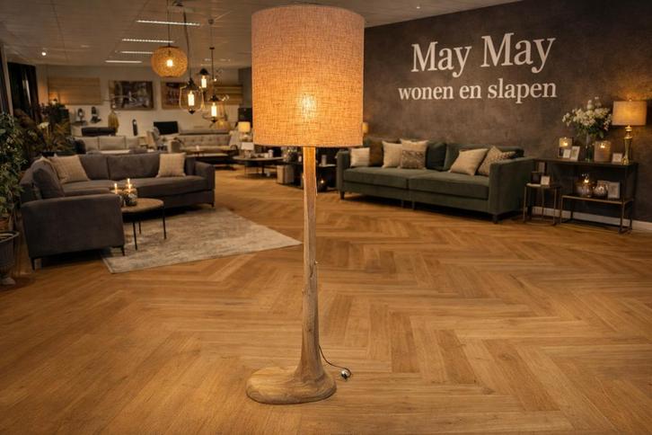 Vloerlamp Ice naturel Mango linnen direct/leverbaar, Huis en Inrichting, Lampen | Vloerlampen, Nieuw, 150 tot 200 cm, Hout, Stof