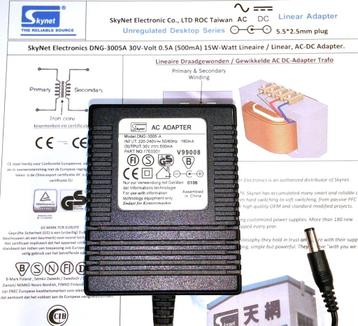 SkyNet DNG-3005A 30V 0.5A 15W Lineaire AC Adapter 2.5x5.5mm beschikbaar voor biedingen