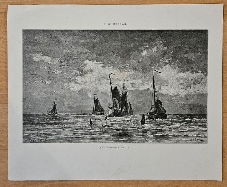 Antieke Prent: H.W. Mesdag – Avondschemering op Zee, Antiek en Kunst, Kunst | Etsen en Gravures, Ophalen of Verzenden