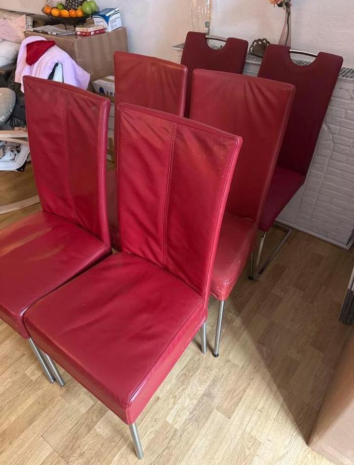Rode leren eetkamerstoelen (6 stuks), Antiek en Kunst, Antiek | Meubels | Stoelen en Banken, Ophalen