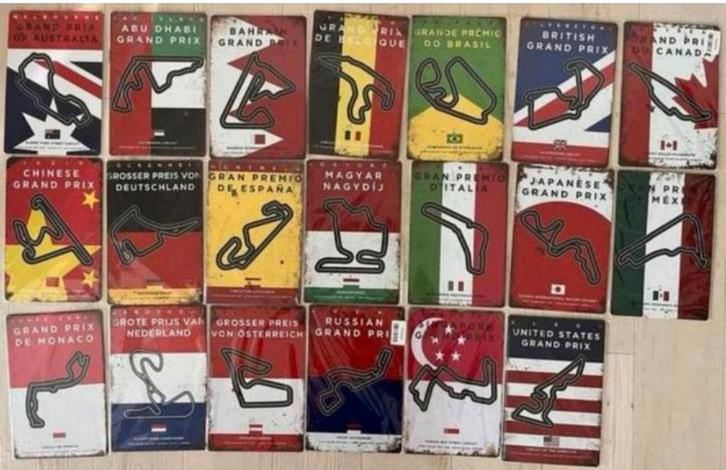 Metalen wandbord F1 circuits 20x30 cm (aanbieding: 3=21€), Verzamelen, Automerken, Motoren en Formule 1, Zo goed als nieuw, Formule 1