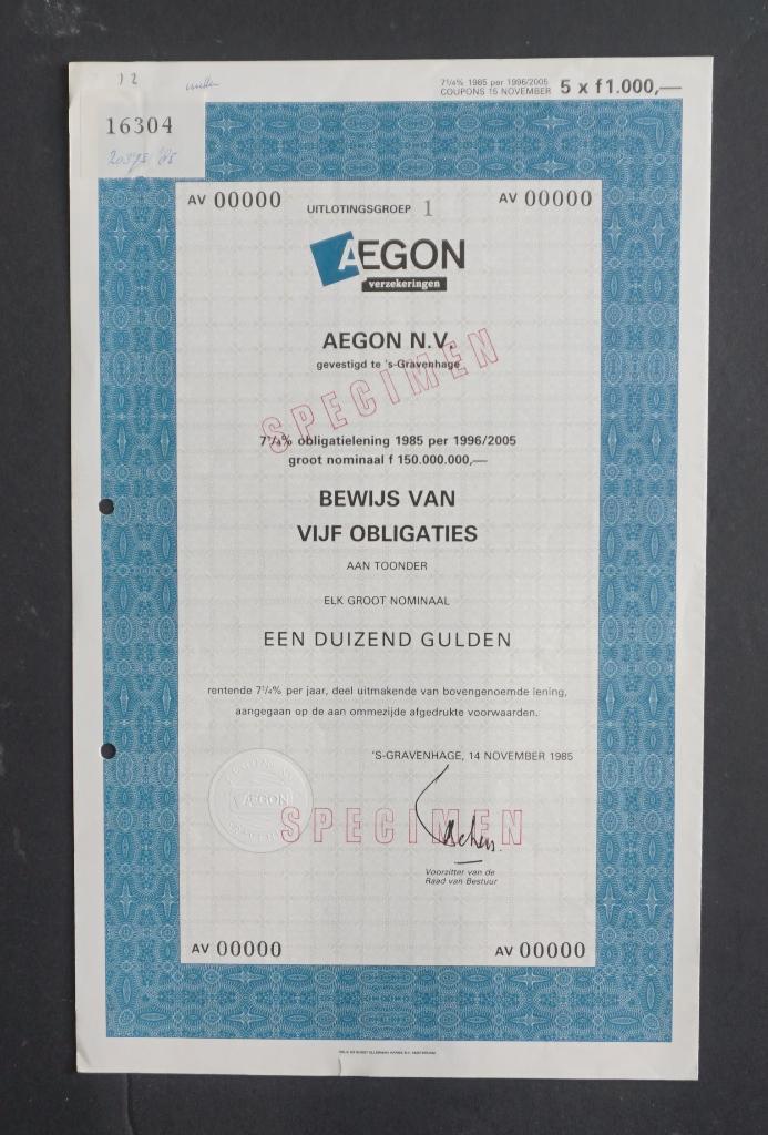 Aegon - 7% obligatie - 's-Gravenhage 1985, Postzegels en Munten, Aandelen en Waardepapieren, Aandeel, 1970 tot heden, Verzenden