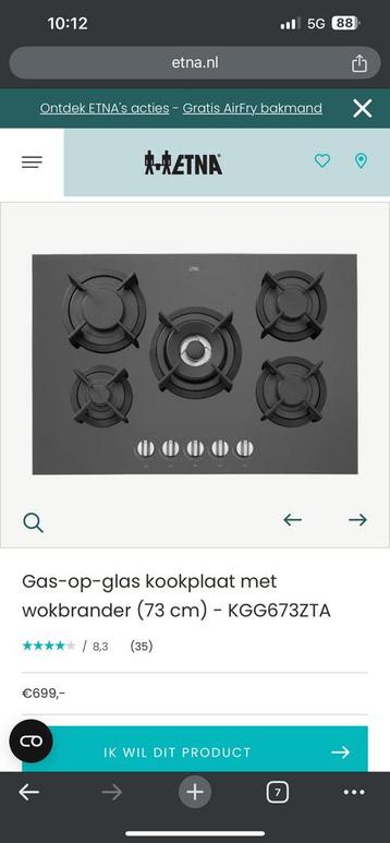 Etna KGG673ZTA Gas-op-glas kookplaat met wokbrander (73 cm) beschikbaar voor biedingen