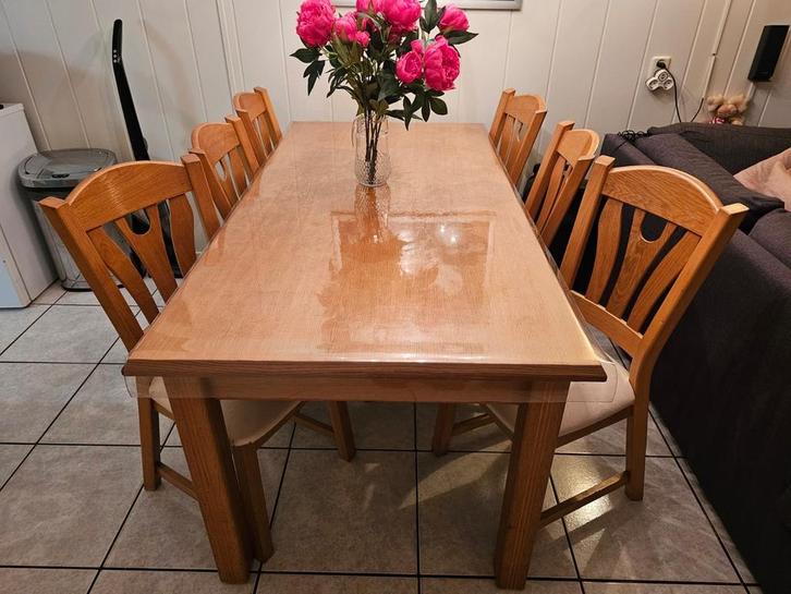 Eettafel met crème lederen stoelen, Huis en Inrichting, Stoelen, Gebruikt, Vijf, Zes of meer stoelen, Hout, Bruin, Ophalen