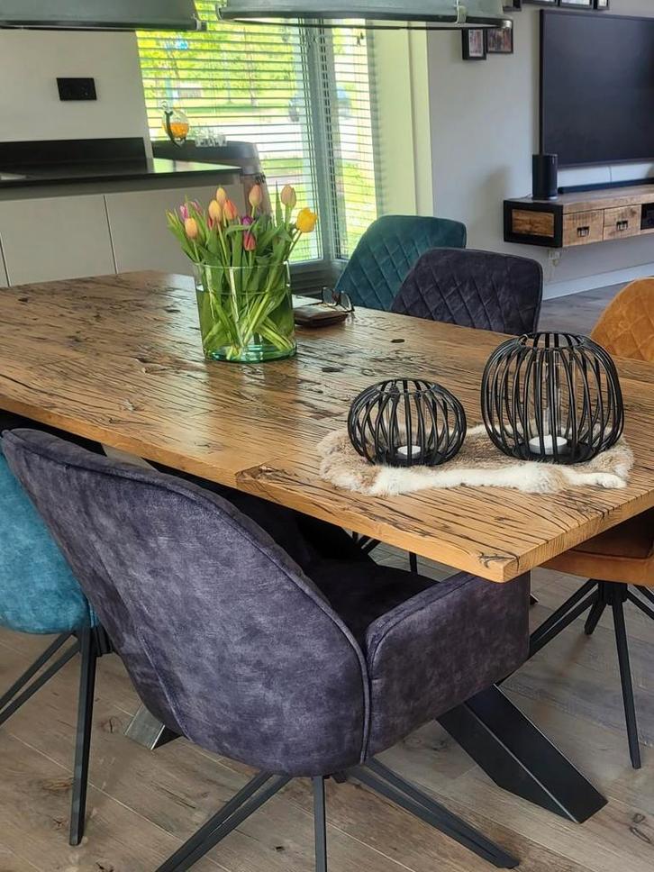 Unieke industriele eettafel van wagonplanken, Huis en Inrichting, Tafels | Eettafels, Zo goed als nieuw, 100 tot 150 cm, 200 cm of meer