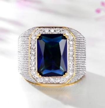 Blauwe zirkoon heren 925 zilveren met goud verguld ring beschikbaar voor biedingen