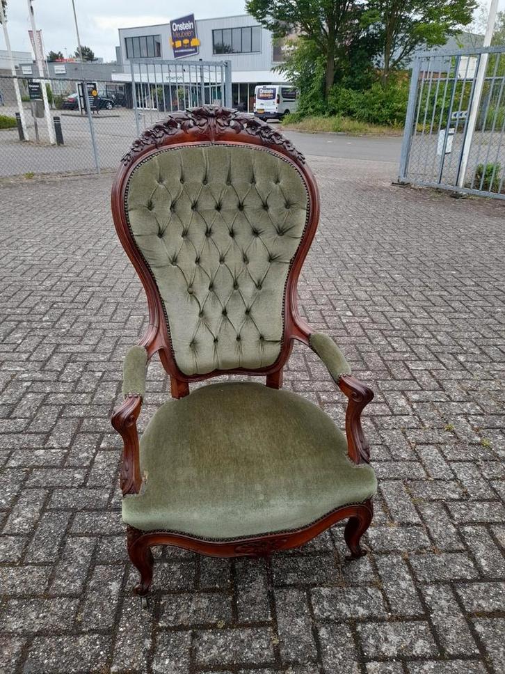 Antieke barok fauteuile groen velourse bekleding, Antiek en Kunst, Antiek | Meubels | Stoelen en Banken, Ophalen of Verzenden