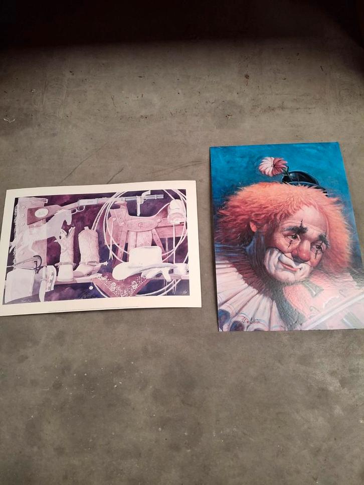 Twee Kunstwerken: Clown en Western Thema, Antiek en Kunst, Kunst | Tekeningen en Foto's, Ophalen of Verzenden