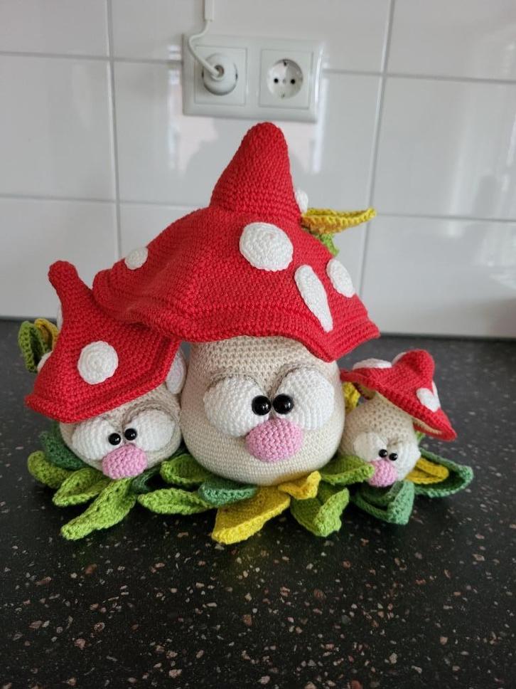 3 Paddenstoelen aan 1 en Pompoen, Hobby en Vrije tijd, Breien en Haken, Nieuw, Haken, Overige typen, Ophalen of Verzenden