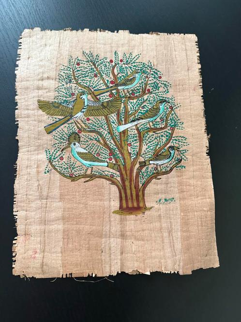 Egyptische Papyrus Schildering - Boom met Vogels M. Yassa Si, Antiek en Kunst, Kunst | Overige Kunst, Ophalen of Verzenden