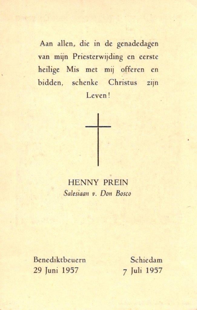 Prein Henny 1957 Schiedam Salesiaan, Ophalen of Verzenden