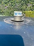 Antieke Tin Kop en Schotel met Blauw Bloemmotief, Ophalen of Verzenden