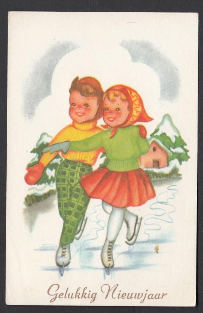 Schaatsen Jongen Meisje m. Hoofddoek Kunstschaatsen 1966, Verzenden, 1960 tot 1980, Gelopen, Sport en Spel