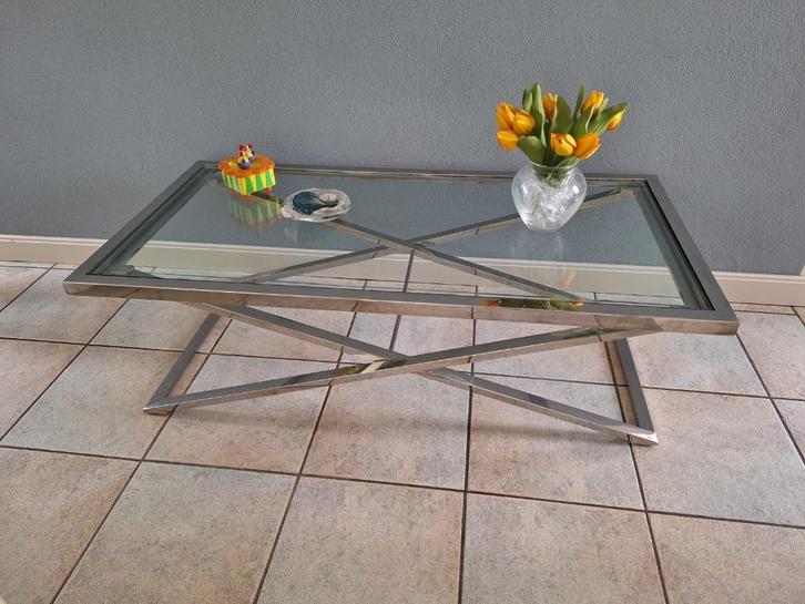 Salontafel, chroom onderstel met glasplaat, Huis en Inrichting, Tafels | Salontafels, Gebruikt, Minder dan 50 cm, 50 tot 100 cm