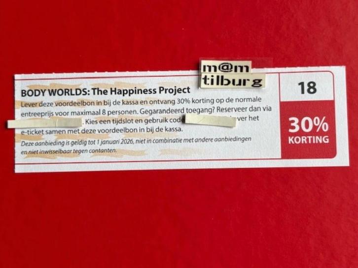 Bon 18 BODY WORLDS: THE HAPPINESS PROJECT 30% korting., Tickets en Kaartjes, Kortingen en Cadeaubonnen, Drie personen of meer