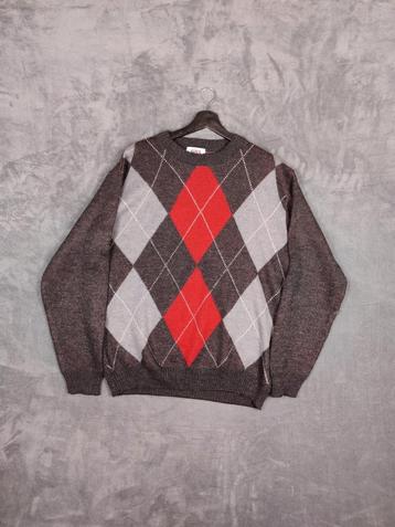 Vintage Trui Knit Sweater Argyle XL Wol Zwart Rood Grijs beschikbaar voor biedingen