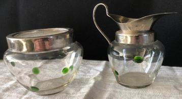Melkkannetje en suikerpotje – transparant / groen 1930’s beschikbaar voor biedingen